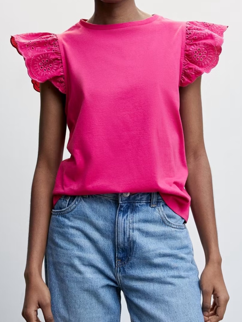Mango Bright Pink Eyelet Flutter Sleeve Crewneck Top